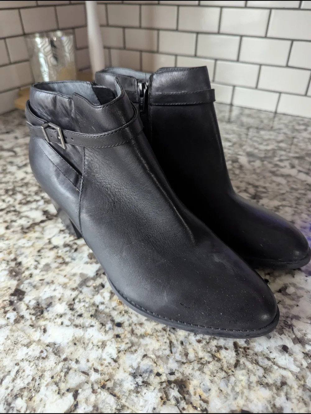 Vionic Black Leather Ankle Booties with Side Buckle